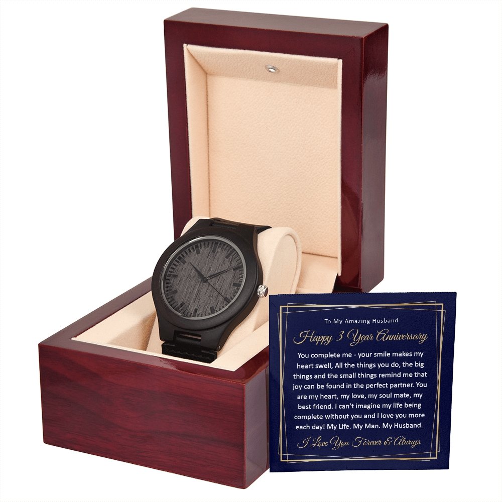 3rd Wedding Anniversary Gift for Him, 3 Year Anniversary Watch for Husband Wooden Watch - Meaningful Cards