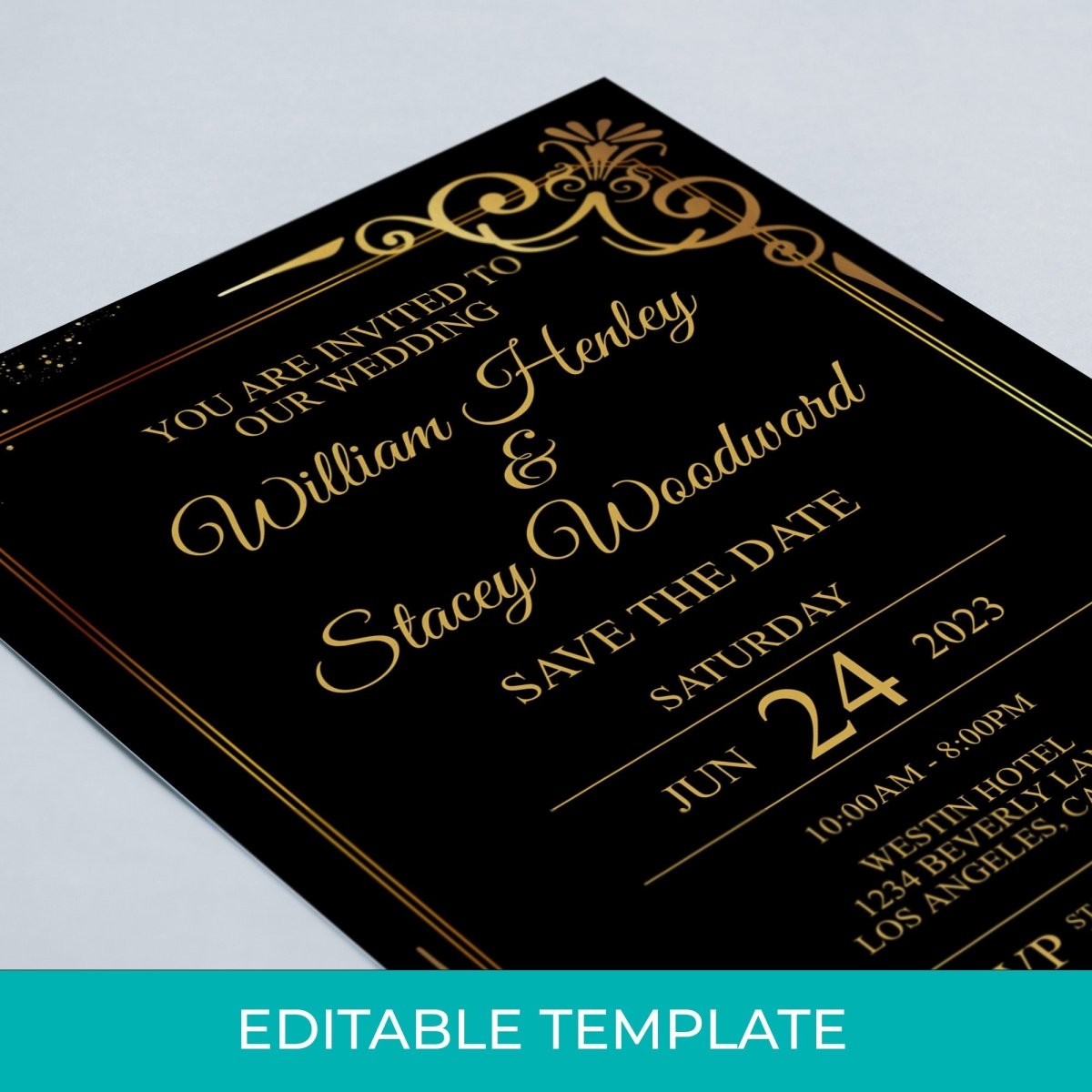 EDITABLE Wedding Invitation Black Gold Template - Meaningful Cards