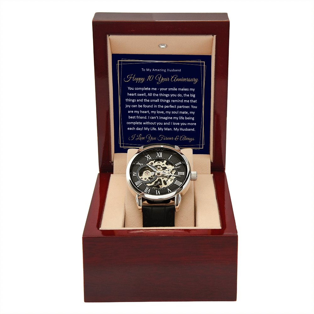 10th Wedding Anniversary Gift for Him - Automatic Watch - Meaningful Cards