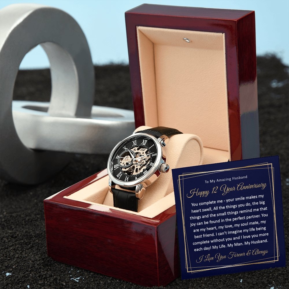 12th Wedding Anniversary Gift for Him - Automatic Watch - Meaningful Cards