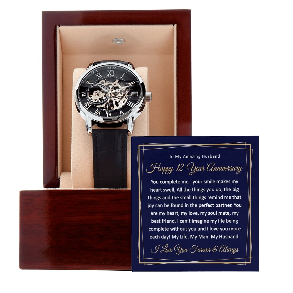 12th Wedding Anniversary Gift for Him - Automatic Watch - Meaningful Cards