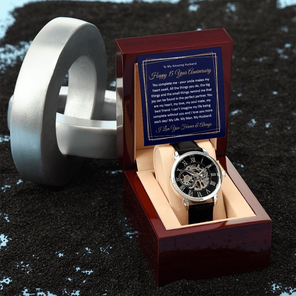 15th Wedding Anniversary Gift for Him - Automatic Watch - Meaningful Cards