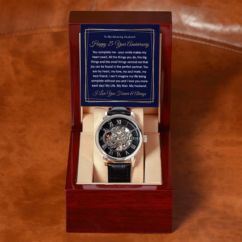 25th Wedding Anniversary Gift for Him - Automatic Watch - Meaningful Cards