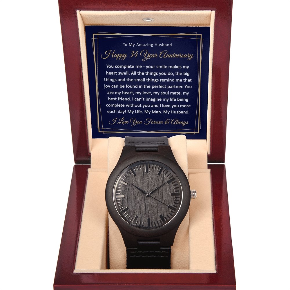 34th Wedding Anniversary Gift for Him, 34 Year Anniversary Watch for Husband Wooden Watch - Meaningful Cards