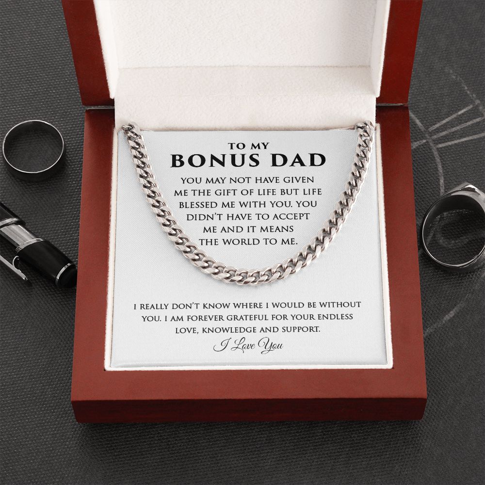 Bonus Dad Cuban Link Necklace Gifts Gifts from Stepdaughter Stepson - Meaningful Cards