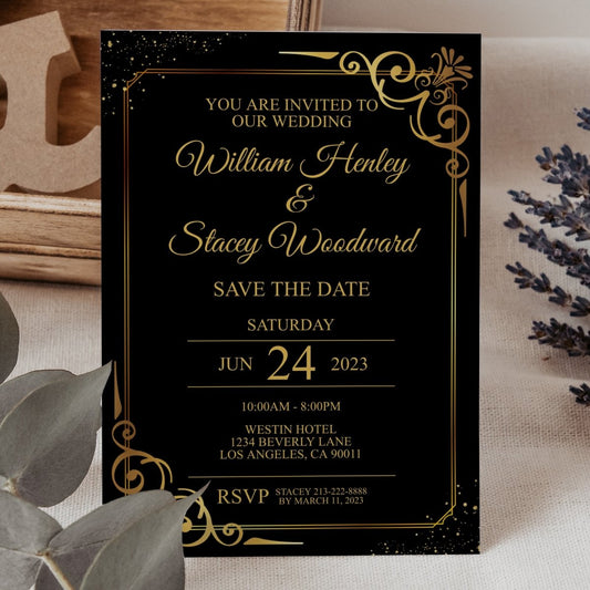 EDITABLE Wedding Invitation Black Gold Template - Meaningful Cards
