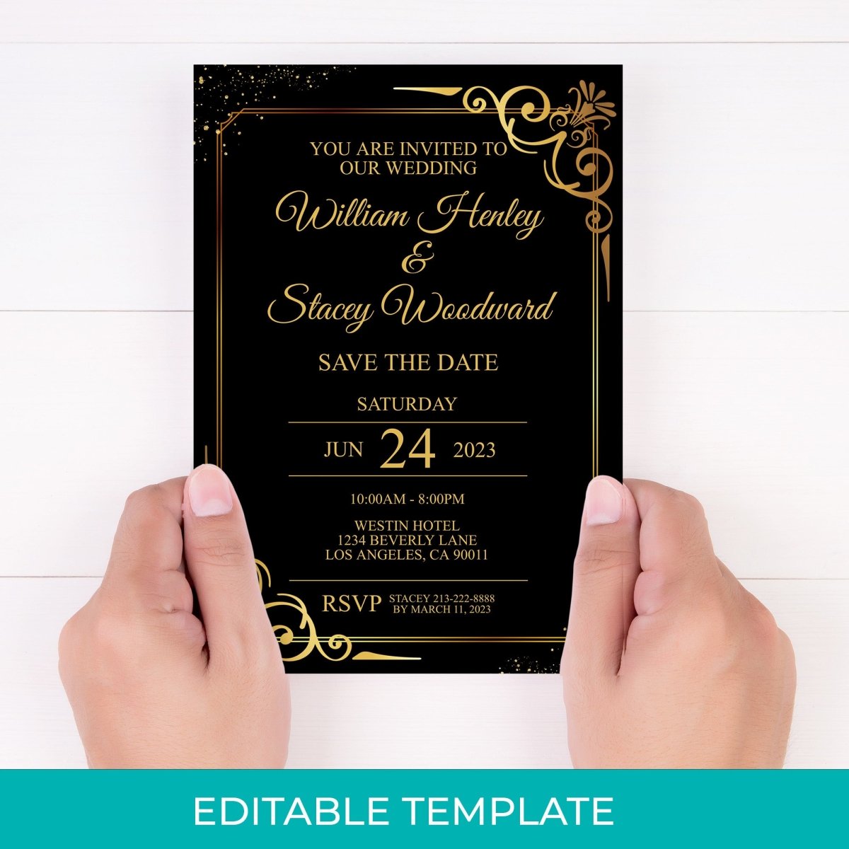 EDITABLE Wedding Invitation Black Gold Template - Meaningful Cards