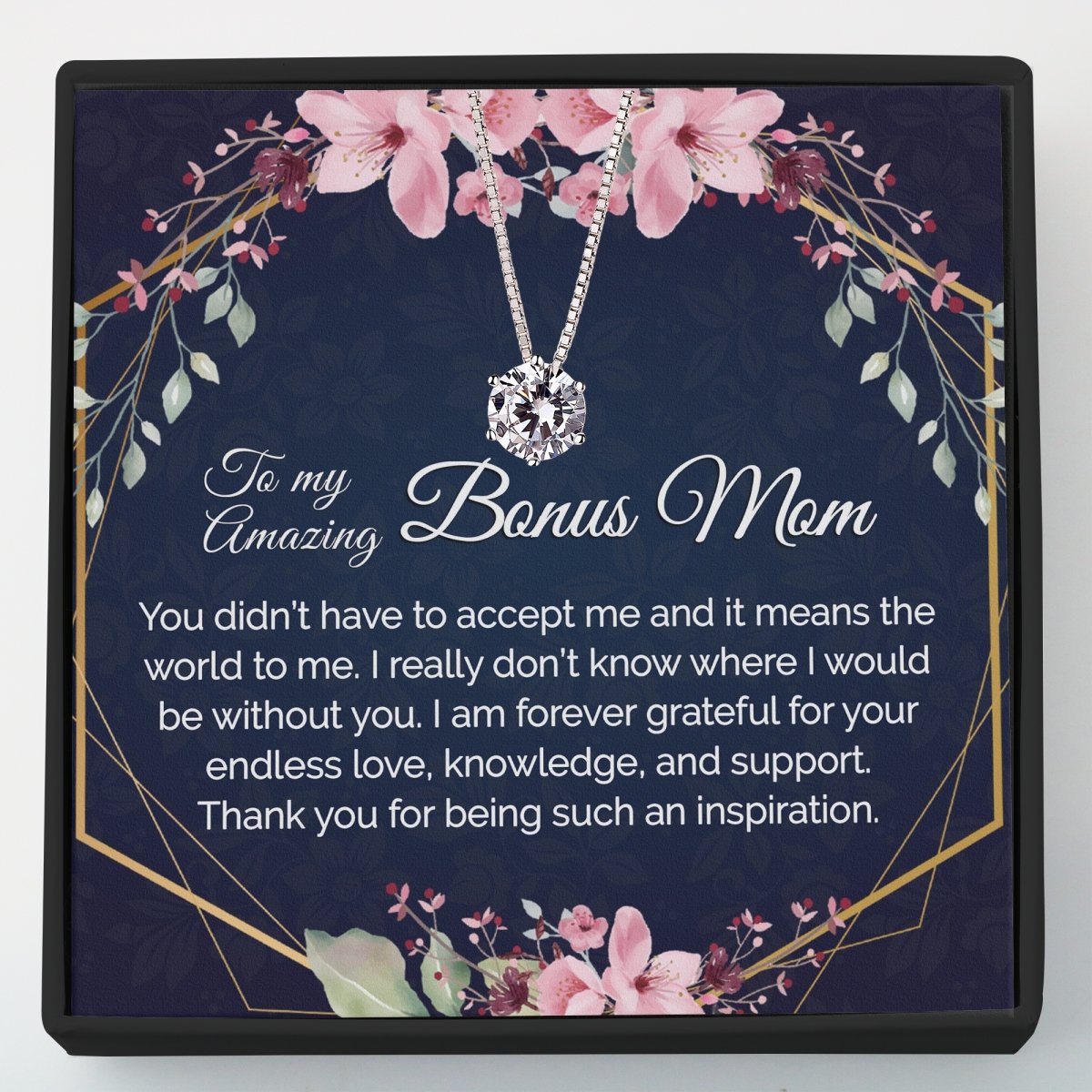 Gift for Bonus Mom - Dainty CZ Sterling Silver Necklace - Meaningful Cards