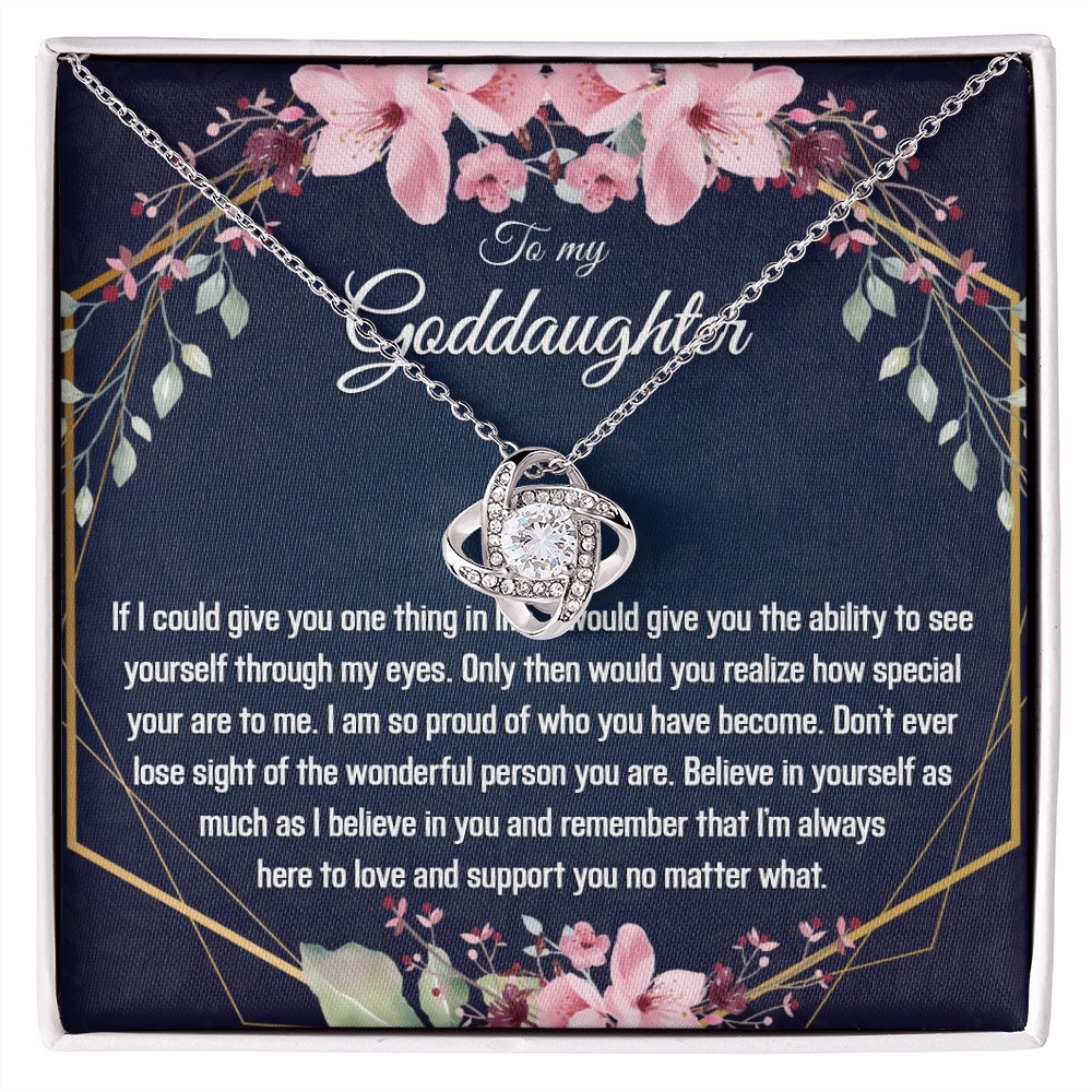 Goddaughter Gift - Gold Pendant CZ Necklace 18k Gold Love Knot - Meaningful Cards