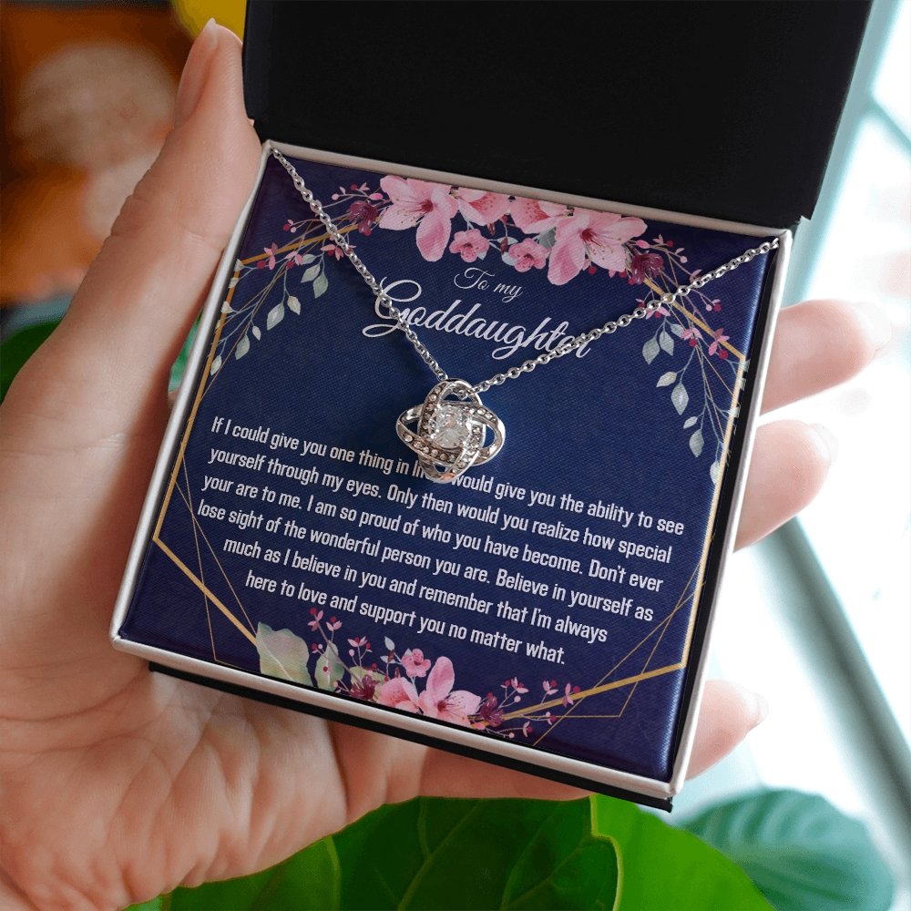 Goddaughter Gift - Gold Pendant CZ Necklace 18k Gold Love Knot - Meaningful Cards