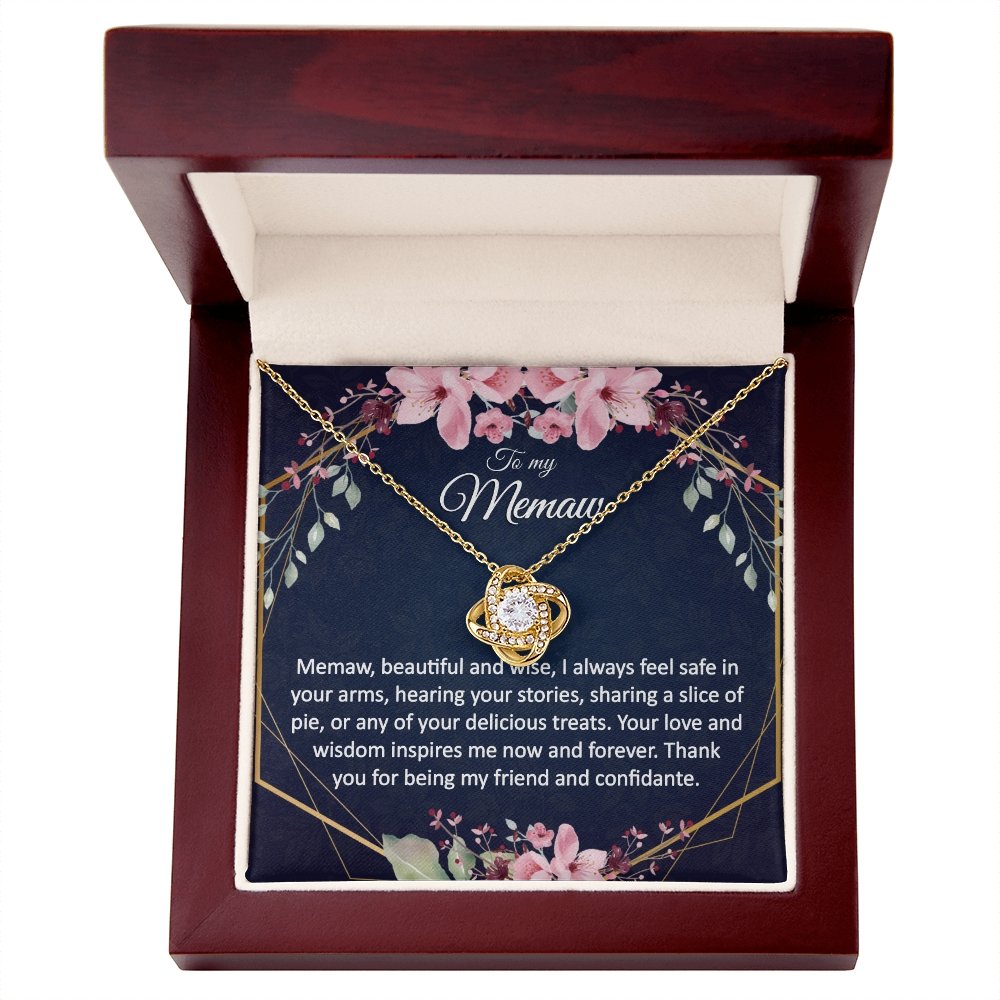 Memaw Gift - Gold Pendant CZ Necklace 18k Gold Love Knot - Meaningful Cards