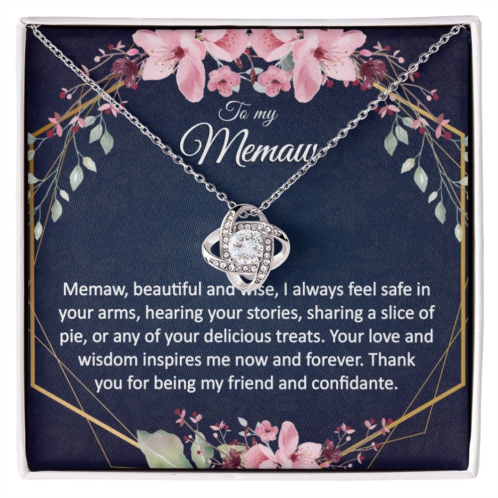 Memaw Gift - Gold Pendant CZ Necklace 18k Gold Love Knot - Meaningful Cards