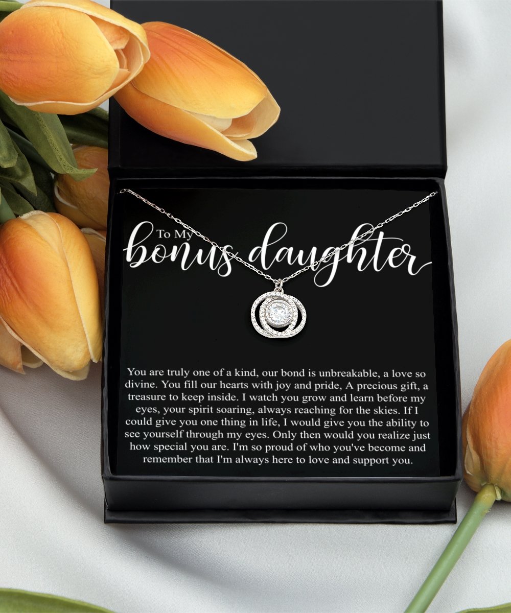 Sentimental to my bonus daughter sterling silver crystal double circles necklace for stepdaughters birthday - Meaningful Cards