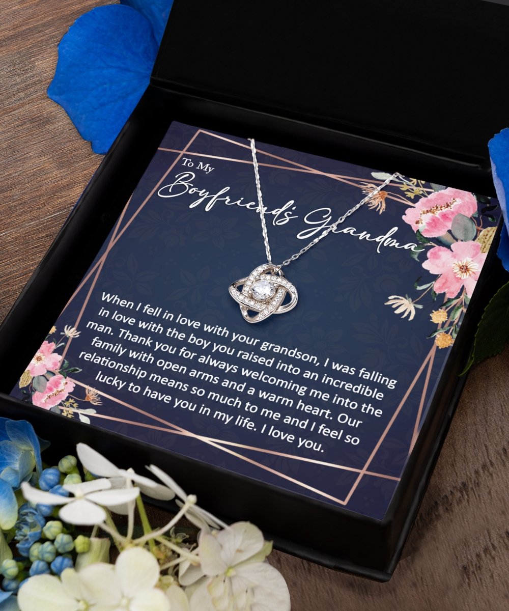 Sentimental to my boyfriends grandma gift from girlfriend sterling silver love knot necklace with thoughtful message for boyfriends grandma - Meaningful Cards