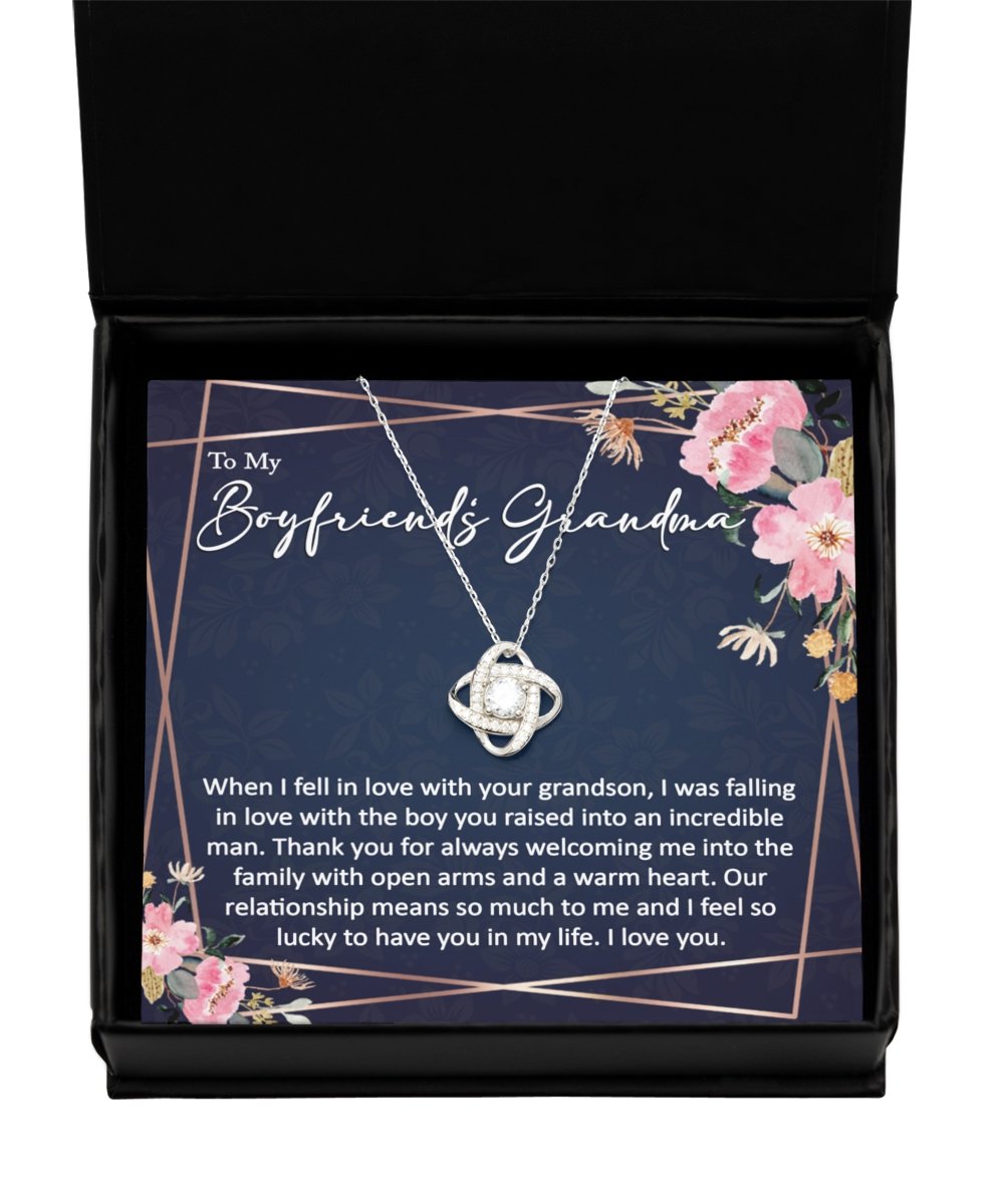 Sentimental to my boyfriends grandma gift from girlfriend sterling silver love knot necklace with thoughtful message for boyfriends grandma - Meaningful Cards