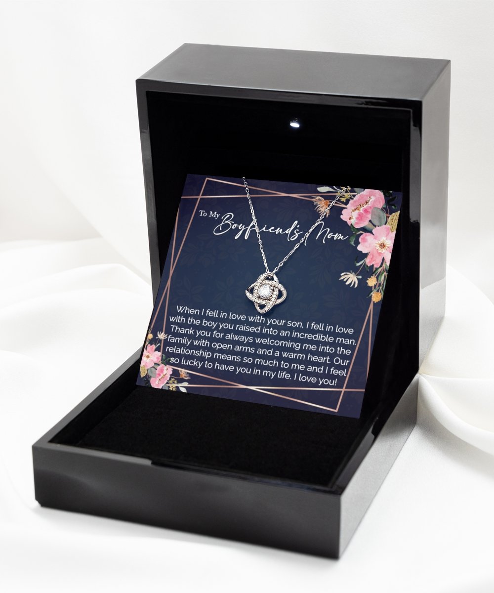 Sentimental to my boyfriends mom gift from girlfriend sterling silver love knot necklace with thoughtful message for boyfriends mom - Meaningful Cards