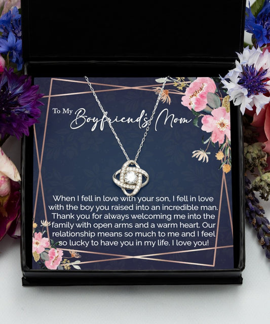 Sentimental to my boyfriends mom gift from girlfriend sterling silver love knot necklace with thoughtful message for boyfriends mom - Meaningful Cards