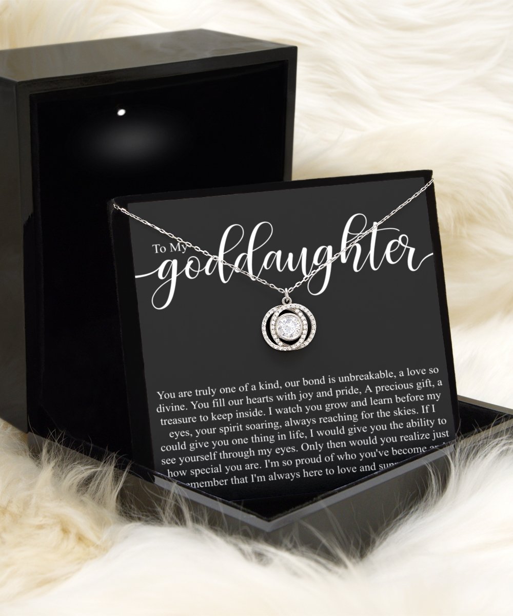 Sentimental to my goddaughter sterling silver crystal double circles necklace for goddaughters birthday - Meaningful Cards