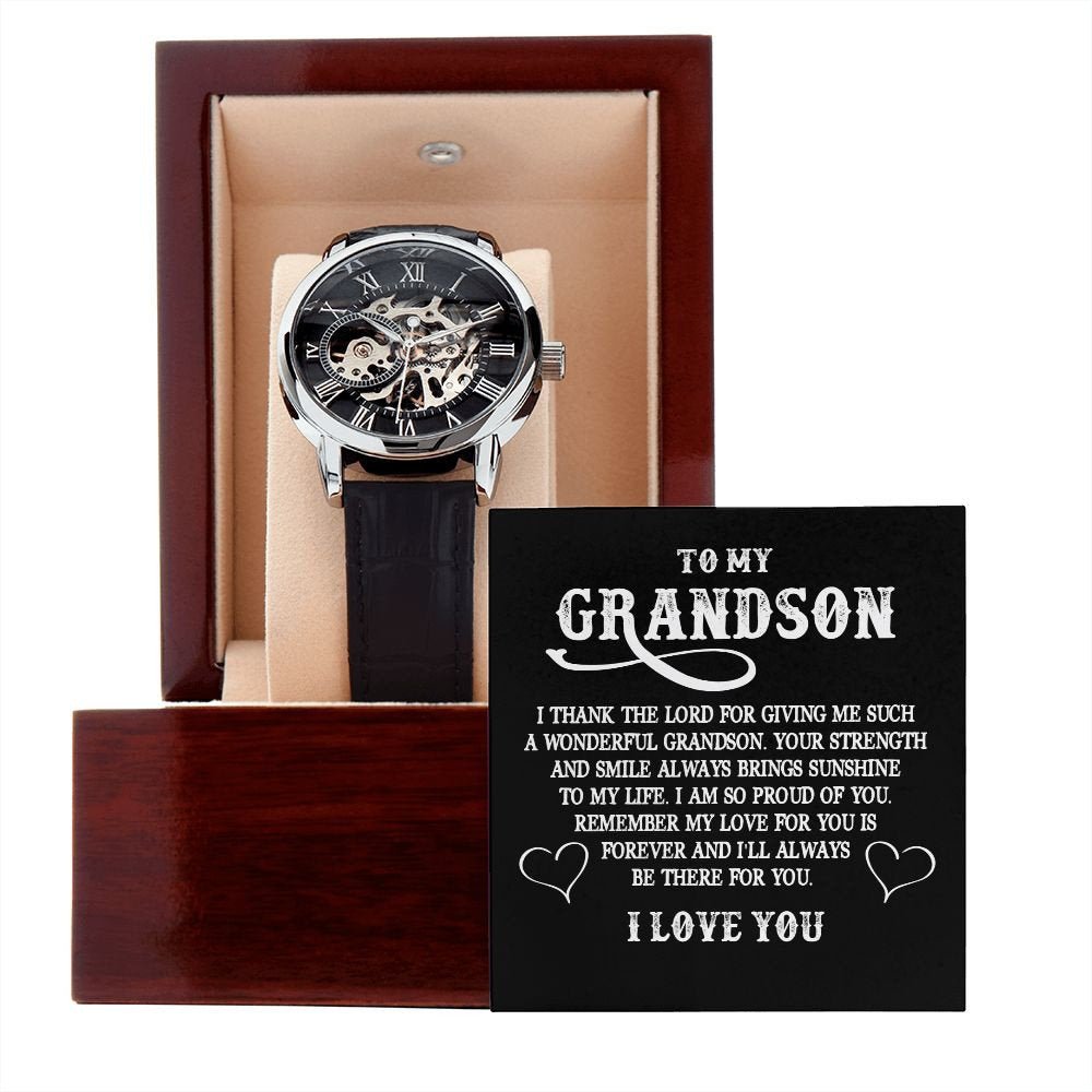 Sentimental to my Grandson gift - Automatic Roman Numeral Watch Leather Band - Meaningful Cards
