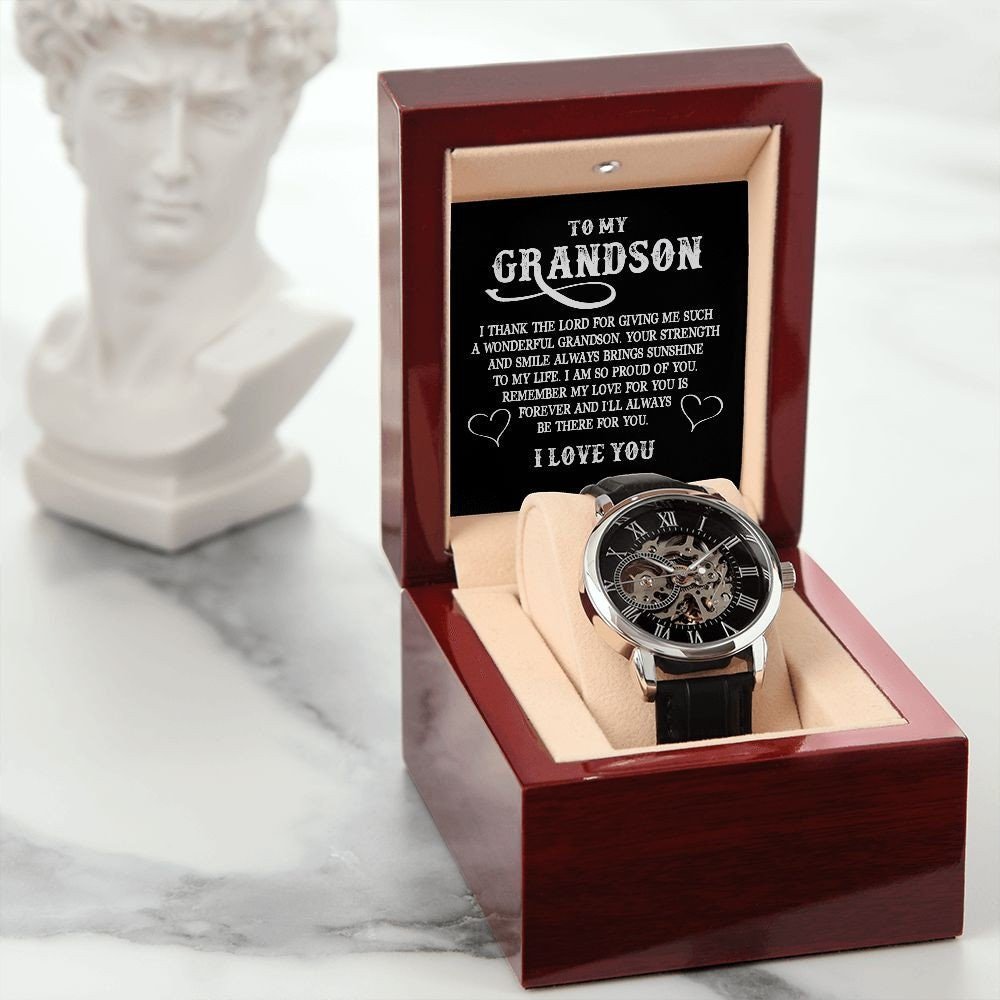Sentimental to my Grandson gift - Automatic Roman Numeral Watch Leather Band - Meaningful Cards