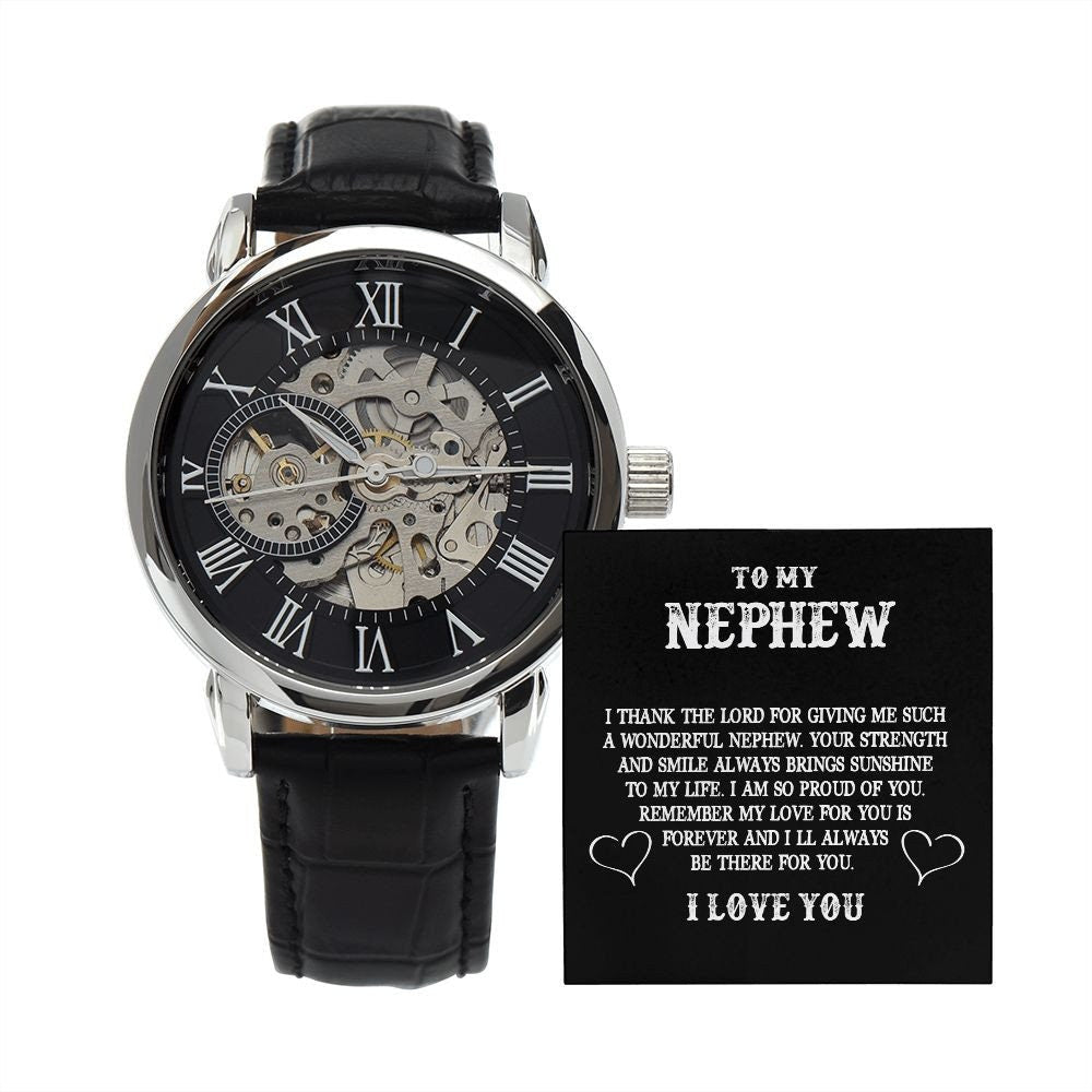 Sentimental to my Nephew Gift - Automatic Roman Numeral Watch Leather Band - Meaningful Cards