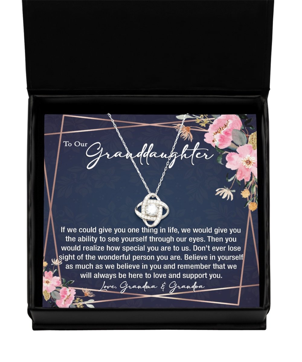 Sentimental to our granddaughter gift from grandma & grandpa, sterling silver love knot necklace - Meaningful Cards