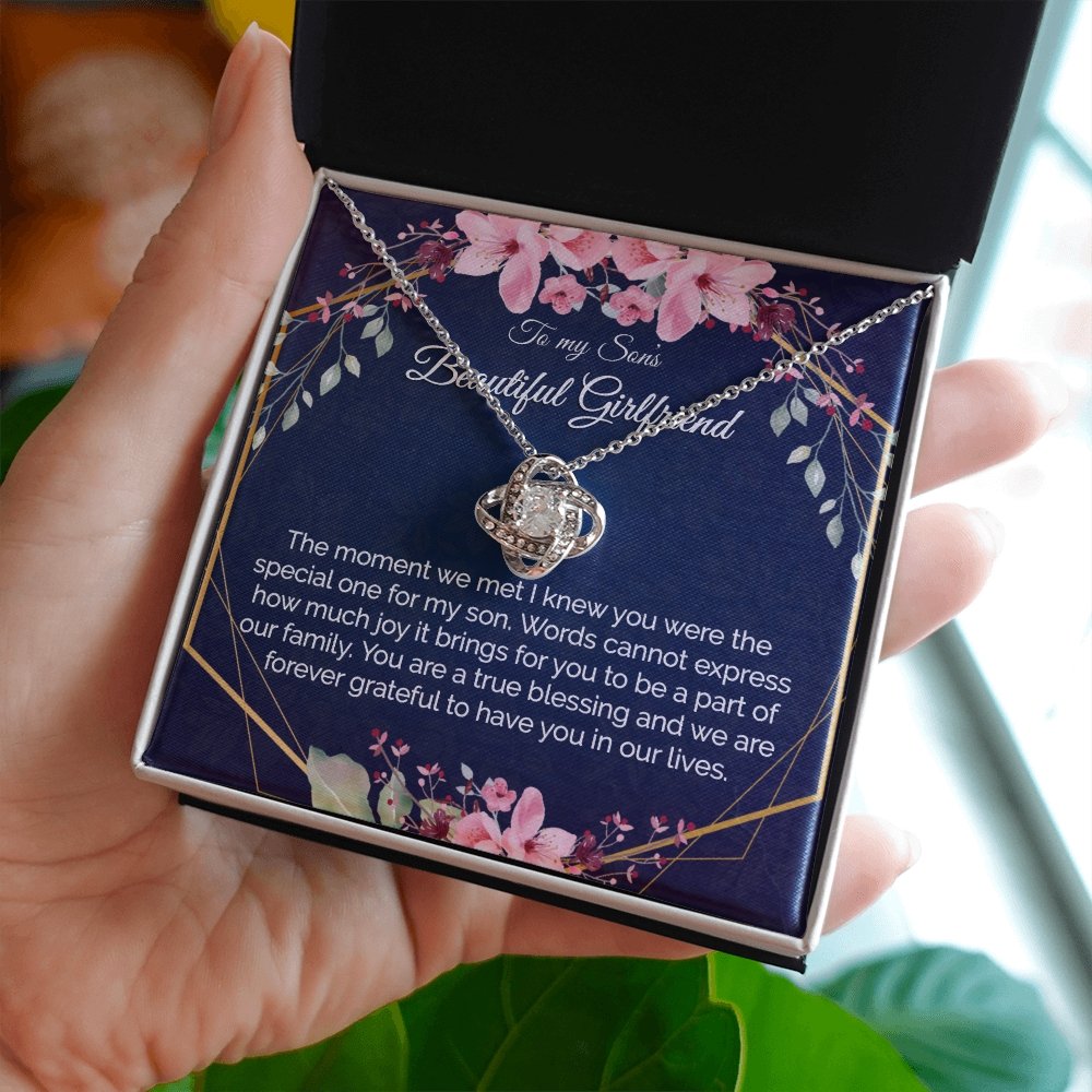 Sons Girlfriend Gift - Gold Pendant CZ Necklace 18k Gold Love Knot - Meaningful Cards
