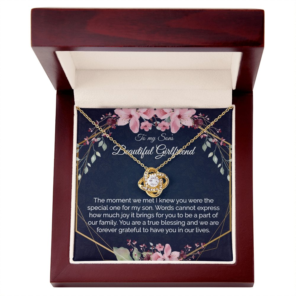 Sons Girlfriend Gift - Gold Pendant CZ Necklace 18k Gold Love Knot - Meaningful Cards