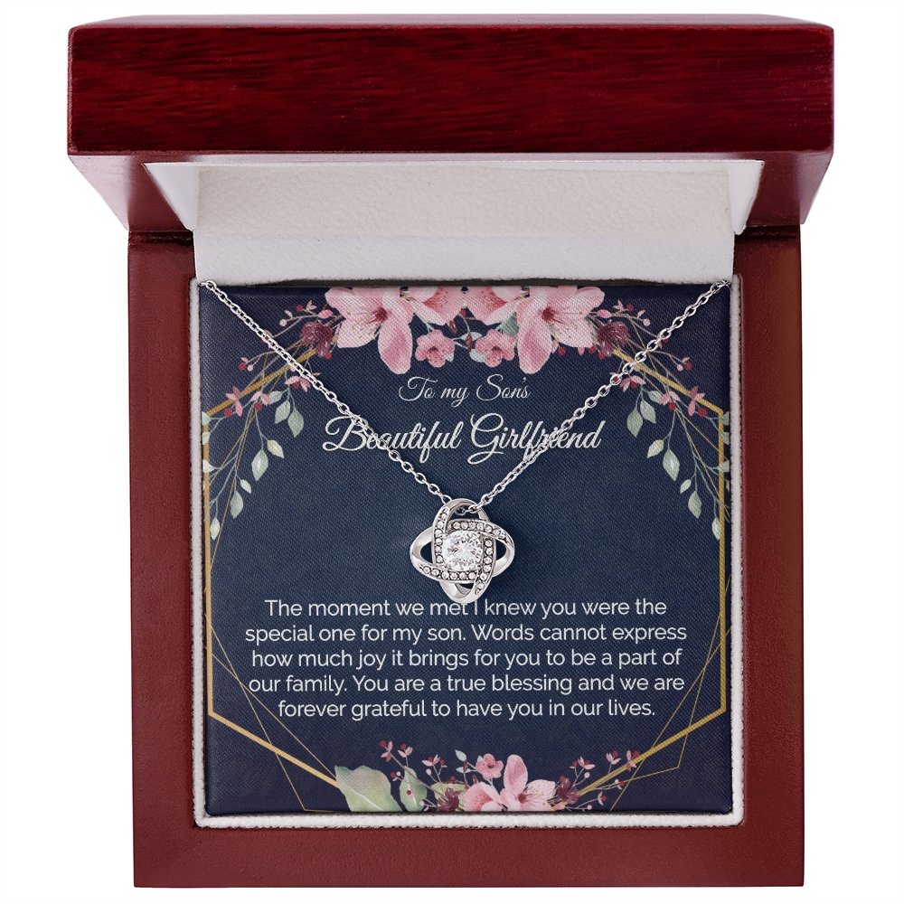 Sons Girlfriend Gift - Gold Pendant CZ Necklace 18k Gold Love Knot - Meaningful Cards