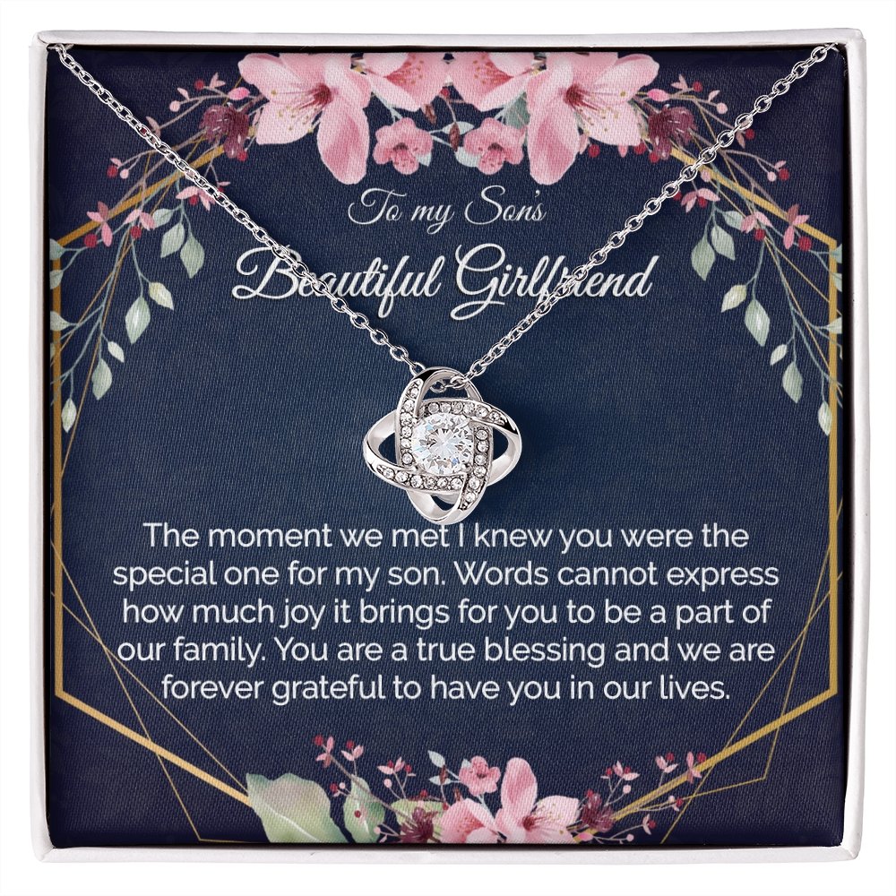 Sons Girlfriend Gift - Gold Pendant CZ Necklace 18k Gold Love Knot - Meaningful Cards