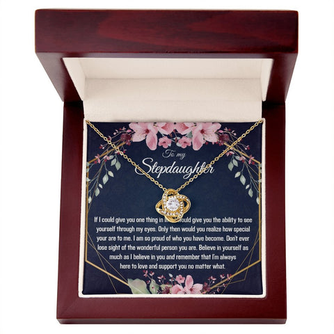 Stepdaughter Gift - Gold Pendant CZ Necklace 18k Gold Love Knot - Meaningful Cards