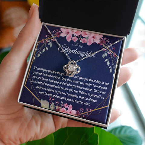 Stepdaughter Gift - Gold Pendant CZ Necklace 18k Gold Love Knot - Meaningful Cards