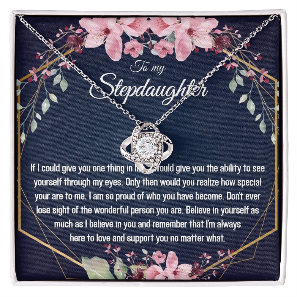 Stepdaughter Gift - Gold Pendant CZ Necklace 18k Gold Love Knot - Meaningful Cards