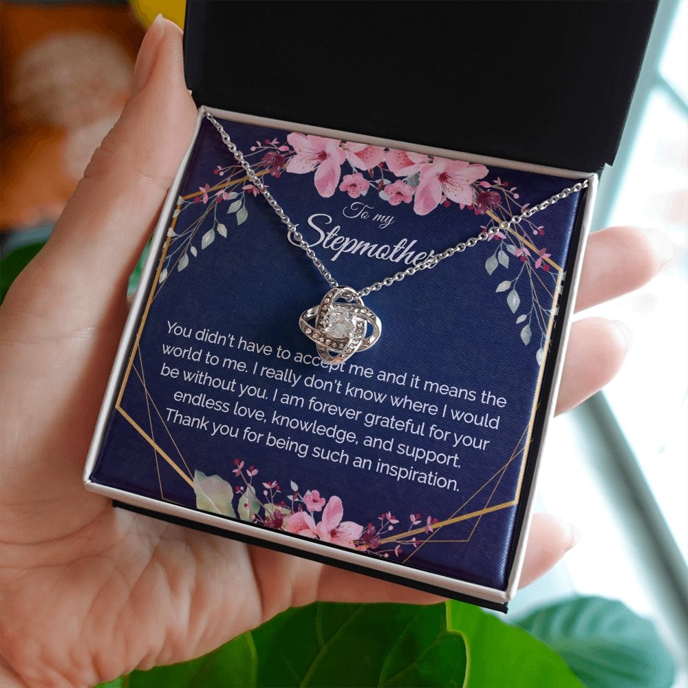 Stepmother Gift - Gold Pendant CZ Necklace 18k Gold Love Knot - Meaningful Cards