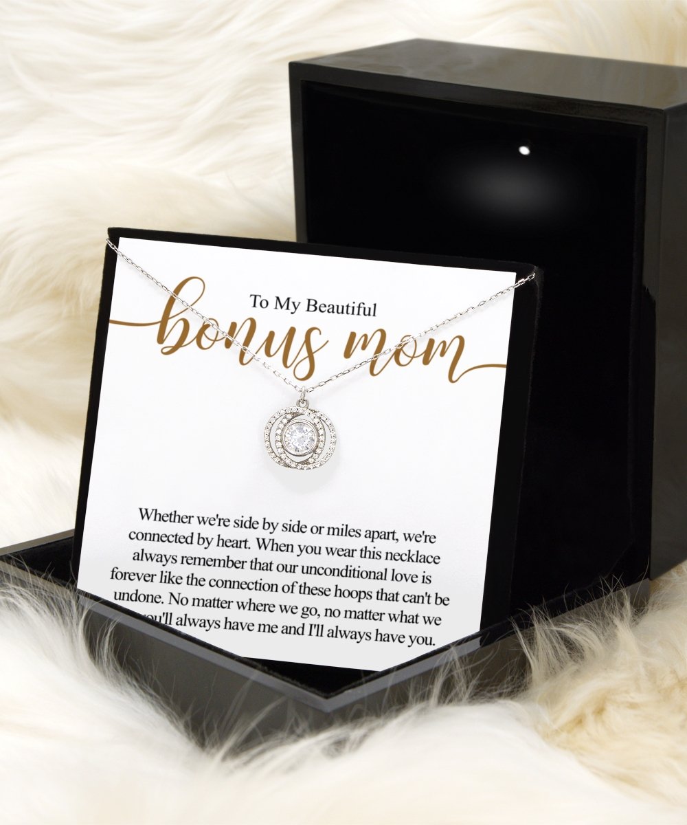 To my beautiful bonus mom sterling silver crystal double circles necklace for stepmom perfect sentimental mothers day gift idea - Meaningful Cards