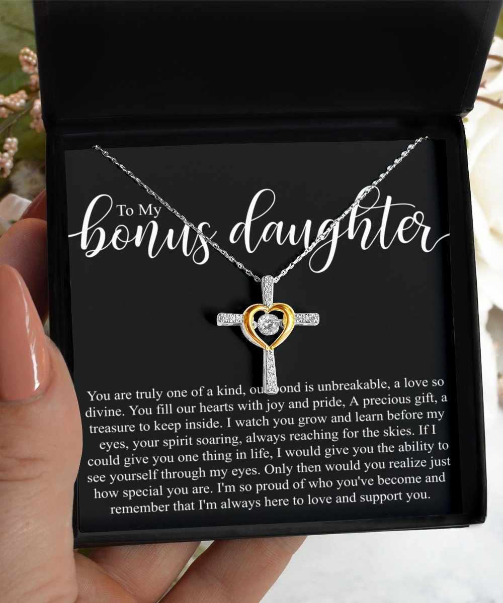 To my bonus daughter sterling silver crystal dancing cross necklace for bonus daughters birthday - Meaningful Cards