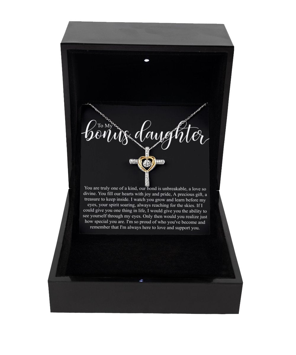 To my bonus daughter sterling silver crystal dancing cross necklace for bonus daughters birthday - Meaningful Cards