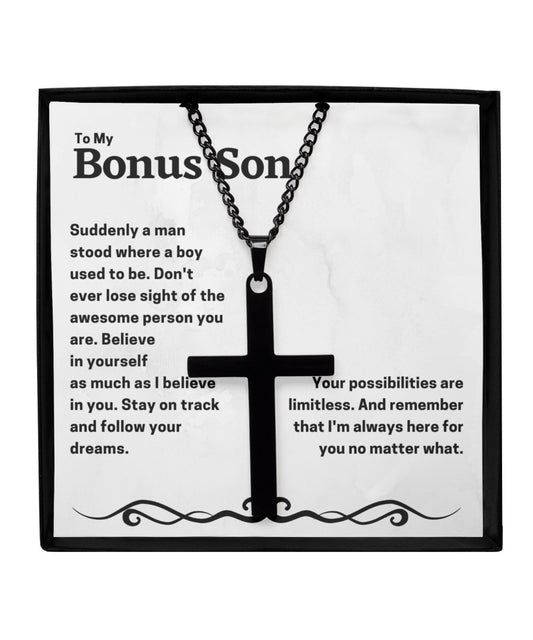 To my bonus son black cross necklace unique gift for adopted son, thoughtful gift for stepson - Meaningful Cards