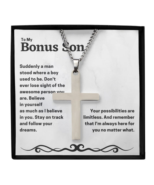 To my bonus son silver cross necklace unique gift for adopted son, thoughtful gift for stepson - Meaningful Cards