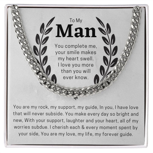 To My Man Cuban Chain Necklace for Him, Romantic Birthday Gifts for Men, Best Jewelry for Men, Sentimental Gift for Boyfriend Husband - Meaningful Cards