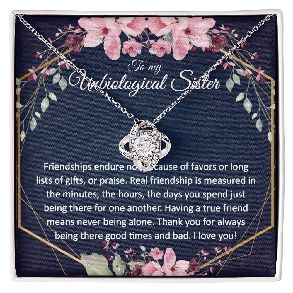 Unbiological Sister Gift - Gold Pendant CZ Necklace 18k Gold Love Knot - Meaningful Cards