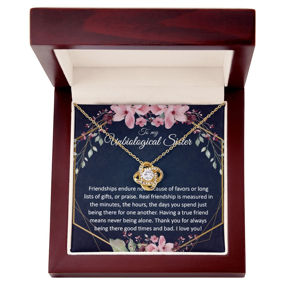 Unbiological Sister Gift - Gold Pendant CZ Necklace 18k Gold Love Knot - Meaningful Cards
