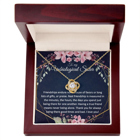 Unbiological Sister Gift - Gold Pendant CZ Necklace 18k Gold Love Knot - Meaningful Cards