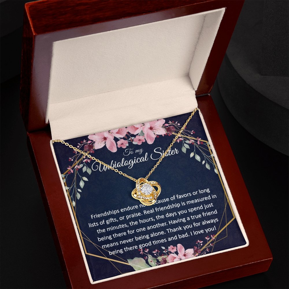 Unbiological Sister Gift - Gold Pendant CZ Necklace 18k Gold Love Knot - Meaningful Cards