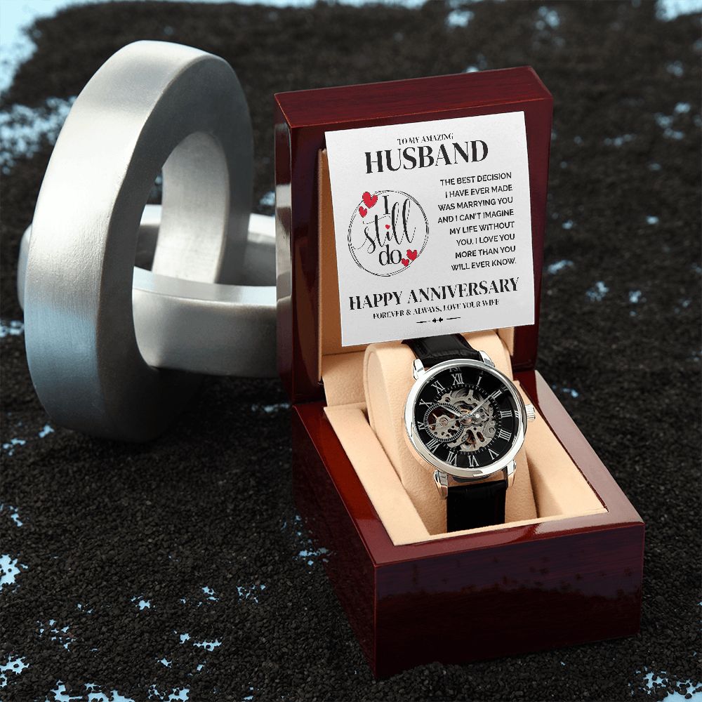 Wedding Anniversary Gift for Him, Anniversary Gift for Husband, Unique Wedding Anniversary Gift for Men - Luxury Openwork Watch - Meaningful Cards