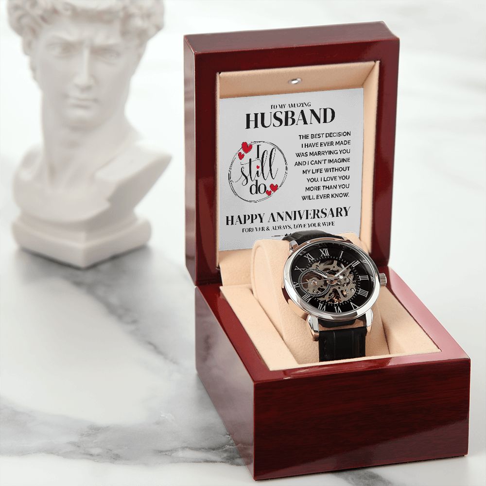 Wedding Anniversary Gift for Him, Anniversary Gift for Husband, Unique Wedding Anniversary Gift for Men - Luxury Openwork Watch - Meaningful Cards